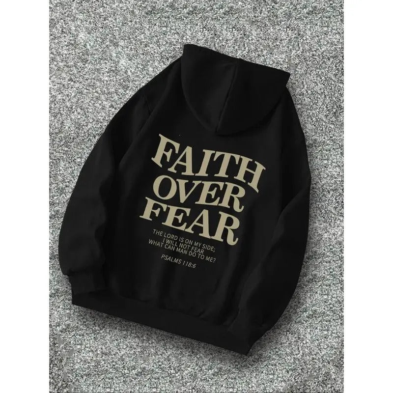 Men's "faith Over Fear" Slogan Print Drawstring Hoodie, Street Casual Regular Fit Long Sleeve Pocket Hooded Sweatshirt...