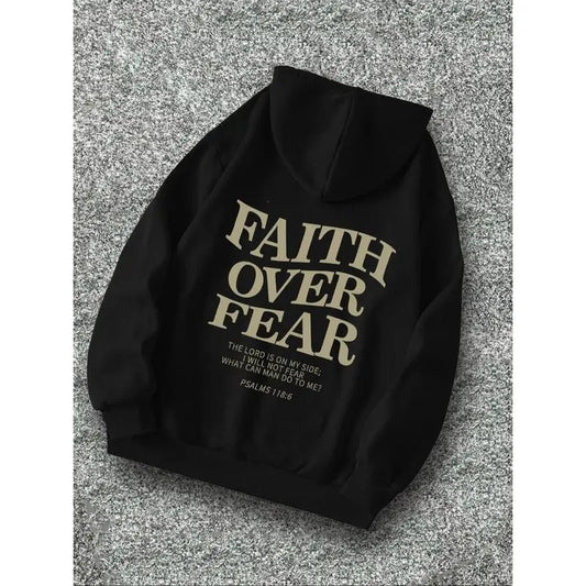 Men's "faith Over Fear" Slogan Print Drawstring Hoodie, Street Casual Regular Fit Long Sleeve Pocket Hooded Sweatshirt...