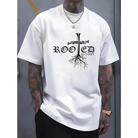 Men's 100% Cotton "Rooted in Christ" Graphic T-Shirt - Black, Casual Short Sleeve with Cross and Root Design, Ideal for Casual Attire and Special Occasions, Cotton T Shirts Made in USA