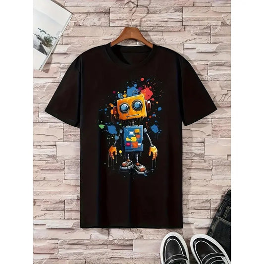 Men's 100% Cotton Robot Graphic Print T-Shirt, Casual Short Sleeve Crew Neck T-Shirt, Men's Outdoor Menswear Top