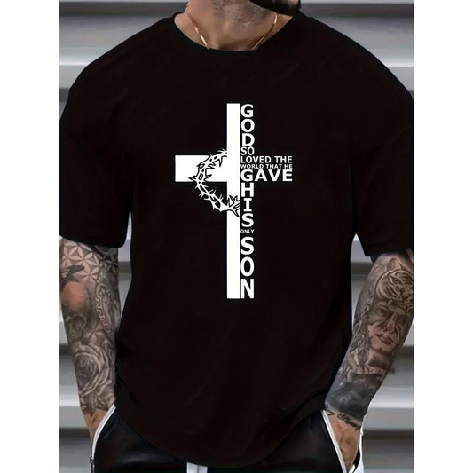Men's Black Cotton Graphic T-Shirt - 'God So Loved the World That He Gave His Only Son' Cross Design, Casual Summer Round Neck Tee for Fitness & Sports, Casual Wear | Graphic Print Tee | Durable Stitching Made in USA