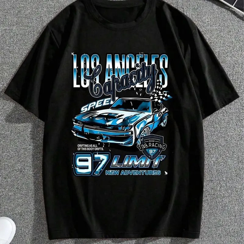 Men's Cartoon Car Graphic Print Round Neck Tee, Streetwear, Men Summer Top T-shirt