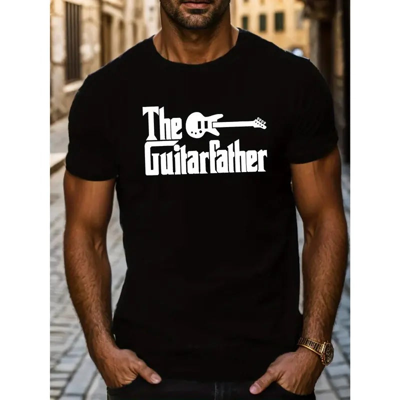 Men's Casual "The Guitar Father" Short Sleeve T-Shirt, Summer Crew Neck Top, Comfortable Tee, Music Humor, Black Made in...