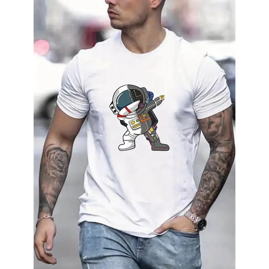 Men's Casual Astronaut Graphic T-Shirt - Short Sleeve, Round Neck, Cotton, Machine Washable - White with Colorful Space Design, Ideal for Summer, Astronaut Decor Made in USA