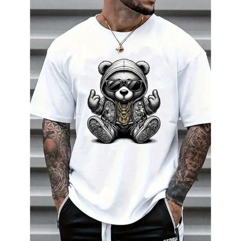 Men's Casual Cartoon Bear Print Round Neck Short Sleeve T-Shirt, Summer Made In USA Hoodie, Sweatshirt | InkThreadWorks.com