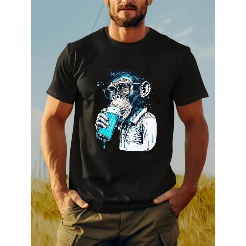 Men's Casual Cotton T-Shirt - Short Sleeve, Round Neck with Unique Monkey Print | Perfect for Summer Outings & Sports Made in USA