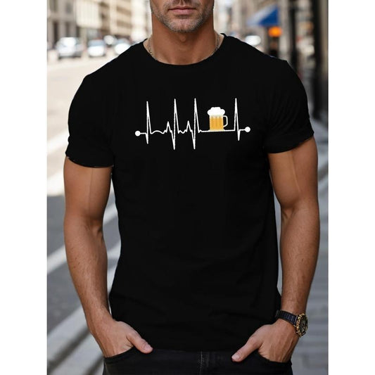 Men's Casual EKG Beer Graphic Tee - Soft Cotton, Short Sleeve, Round Neck, Machine Washable - Black with White Beerbeat Design for All Seasons Made in USA