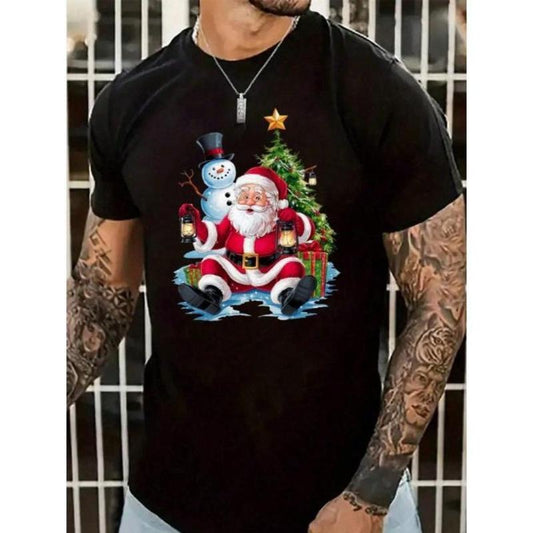 Men's Casual Fashion Santa Claus, Snowman, Christmas Tree Print Basic Short Sleeve T-Shirt Suitable For Christmas Party Made In USA