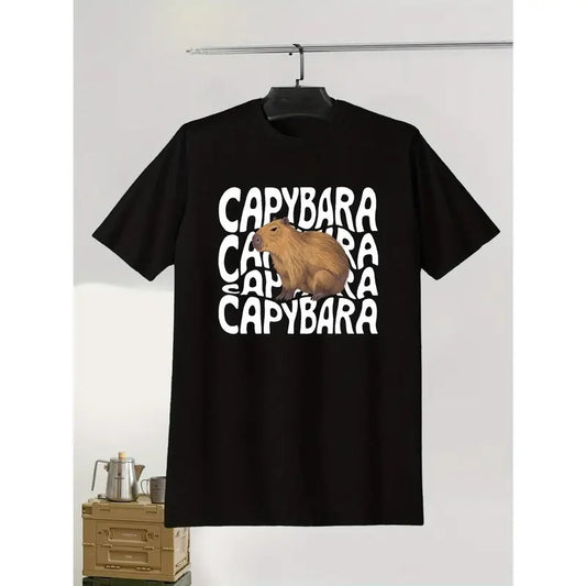 Men's Casual Short Sleeve T-Shirt, Hallowine CAPYBARA Print, Polyester, Round Neck, Stretch Fabric, Geometric Pattern,...