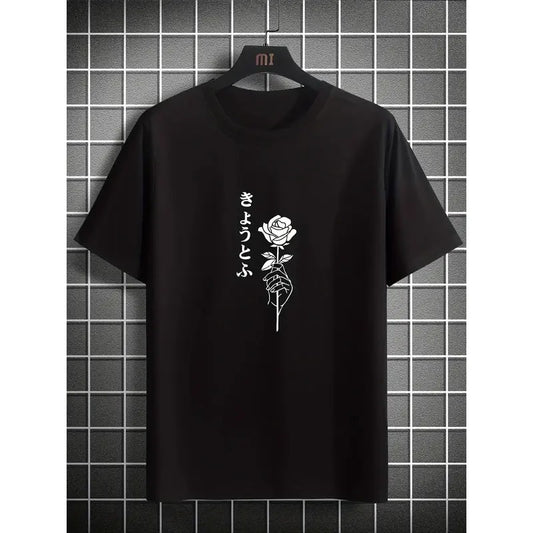 Men's Classic Black Cotton T-Shirt with Elegant White Rose Graphic - Casual Crew Neck, Short Sleeve, Machine Washable - Ideal for Summer Made in USA