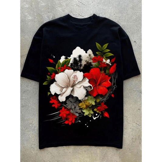 Men's Crew Neck Short Sleeve T-Shirt with White and Red Blooming Flowers Print, Fit for Exercise Made in USA Hoodie,...