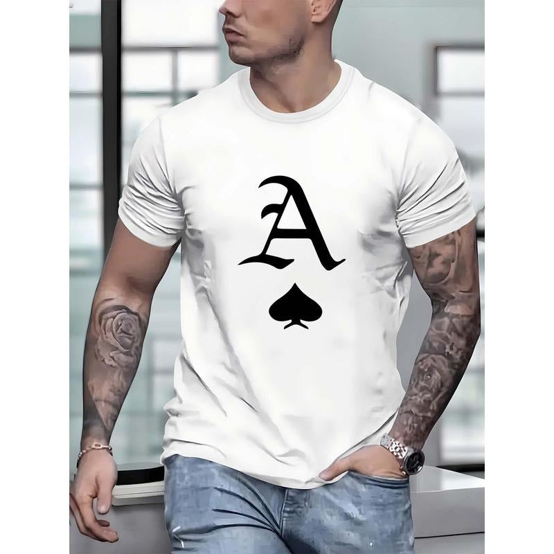 Men's Crew Neck Short Sleeves, "Ace Of Spades" Print Casual Tees, Stylish Trendy Tops For Summer& Spring, 1 pc, 100%...