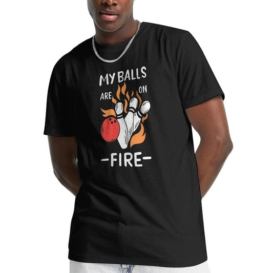 Men's Fashion Crew Neck Short Sleeves T-shirt - MY BALLS ARE ON FIRE Bowling Graphic Print Casual Comfy Top for Summer Made in USA