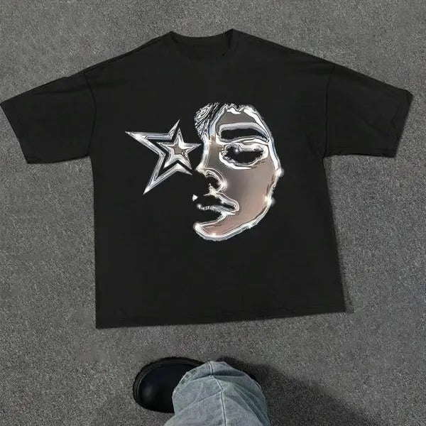 Men's Figure & Star Print Drop Shoulder Tee, Regular Fit Street Fashion Short Sleeve Round Neck T-shirt for Daily Wear, Y2K Graphic Tee