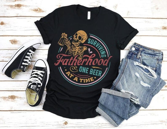 Men's Funny Dad Shirt, Surviving Fatherhood One Beer At A Time T Shirt, Father's Day Gift, Fun Humor Hilarious Graphic Tee