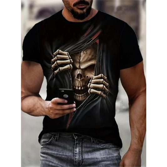Men's Graphic 3D Skull Printed T-Shirt - Stretchy, Breathable, Quick-Drying, Casual Short Sleeve Tee for Summer Outdoor Activities - Machine Washable, Easy Care, Polyester Blend Fabric Made in USA