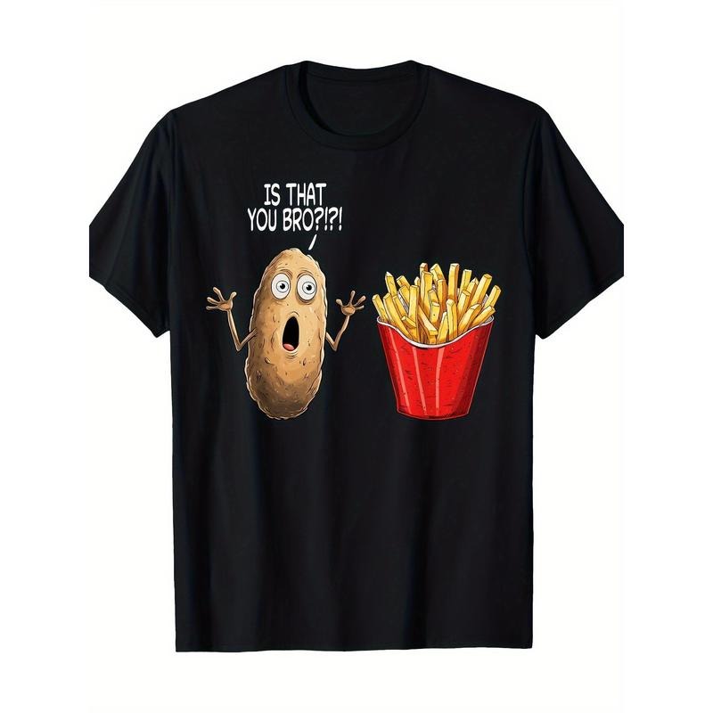 Men's Humorous French Fry Graphic T-Shirt - "IS THAT YOU BRO?" Potato Surprised Face Design, Casual Cotton Tee, Loose Fit, Machine Washable, All-Season Round Neck Black T-shirt Made in USA