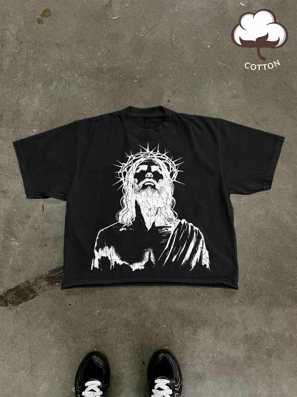 Men's Jesus Print Round Neck Tee, Regular Fit Casual Short Sleeve Crew Neck T-Shirt for Summer, Fashion Men's Top for...