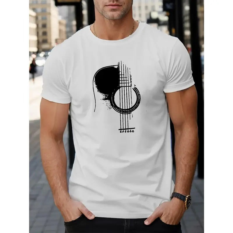 Men's Music Guitar Print Short Sleeve T-Shirts, Comfy Casual Elastic Crew Neck Tops For Men's Outdoor Activities Made in...