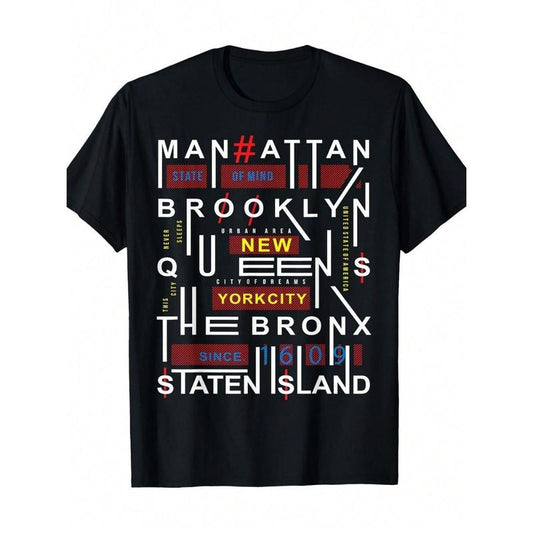 Men's New York City-Inspired Cotton T-Shirt - Comfortable Round Neck, Short Sleeve Top Featuring Manhattan, Brooklyn, Queens, Staten Island Graphics - Ideal for Casual Wear & Everyday Style, Everyday Tshirt|Urban Style Tee|Machine Washable Made in USA