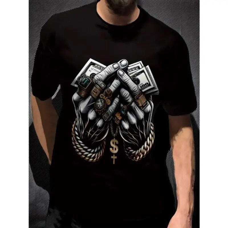 Men's Polyester 3D Digital Print T-Shirt with Dollar and Rings Graphic, Crew Neck, Slight Stretch, Casual Knit Fabric Tee Made in USA