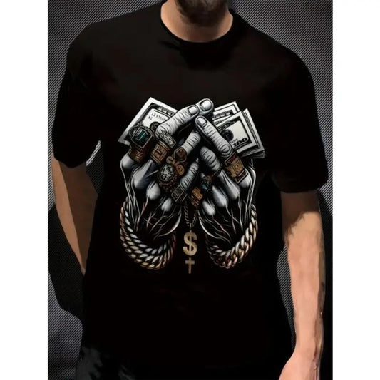 Men's Polyester 3D Digital Print T-Shirt with Dollar and Rings Graphic, Crew Neck, Slight Stretch, Casual Knit Fabric Tee Made in USA