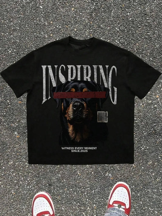 Men's Regular Fit Dog & Letter Print Round Neck Graphic Tee, Casual Short Sleeve T-shirt for Daily Wear, Men's Top for All Seasons