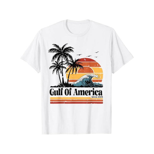 Men's Retro Gulf of America Est. 2025 T-Shirt - 100% Cotton, White Crewneck with Tropical Palm Tree & Sunset Design, Casual Comfort Fit for Outdoor Sports, 180g, Lightweight & Breathable, Outdoor Sports Apparel | Vintage Print Tee Made in USA
