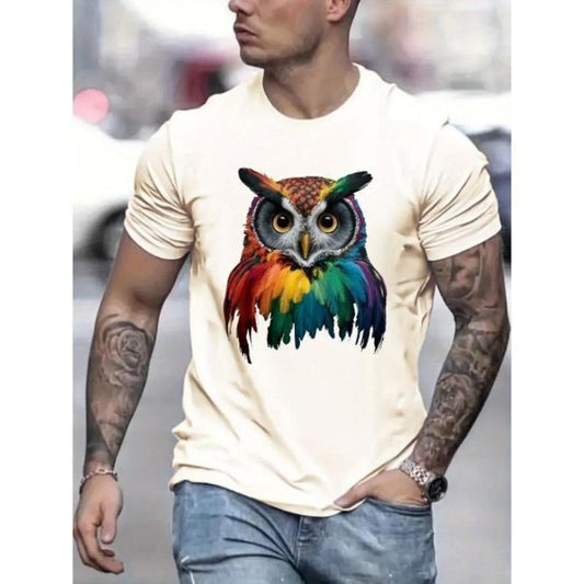 Men's Simple Style Owl Print Round Crew Neck Short Sleeve Tee, Casual Comfy Breathable Fashion Regular Fit T-Shirt for...
