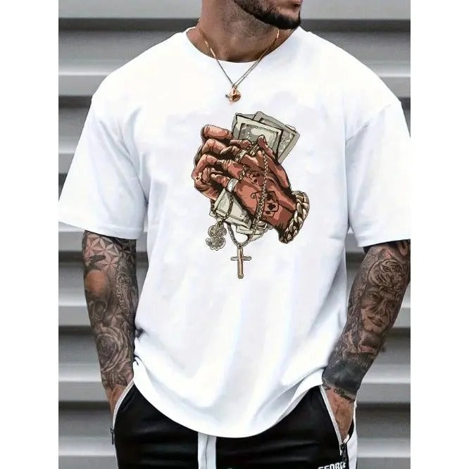 Men's Summer Casual Hand Gesture Cross Print Short Sleeve T-Shirt Made In USA Hoodie, Sweatshirt | InkThreadWorks.com
