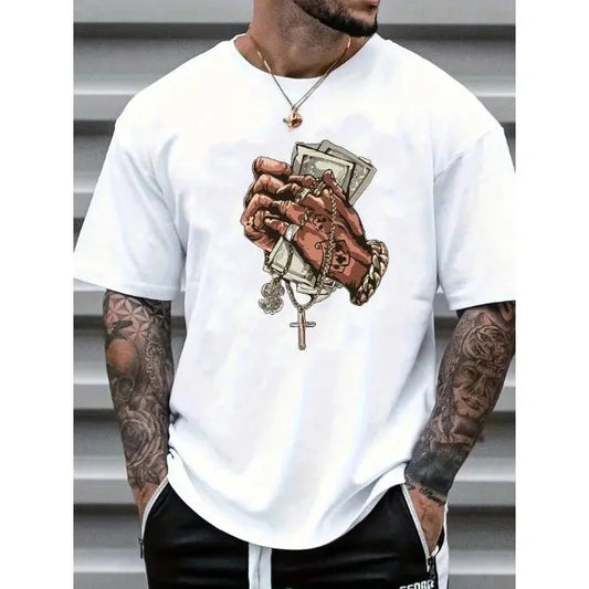 Men's Summer Casual Hand Gesture Cross Print Short Sleeve T-Shirt Made In USA Hoodie, Sweatshirt | InkThreadWorks.com