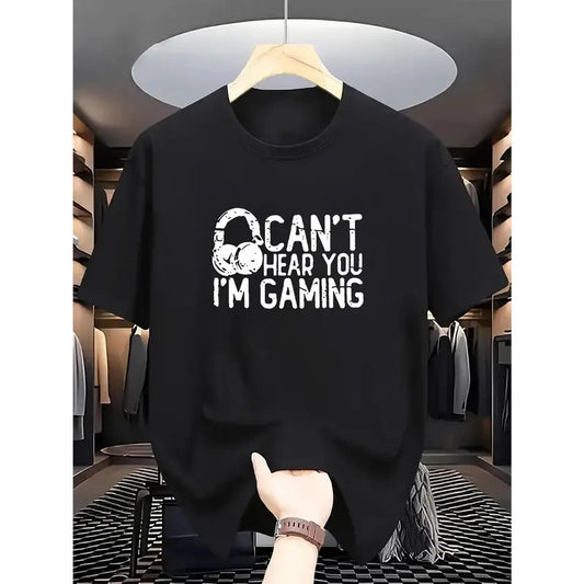 Men's casual game graphic T-shirt "I can't hear you, I'm playing games" - 100% polyester knitted fabric T-shirt, fitted cut, breathable and comfortable, suitable for summer and outdoor activities Embroidered Prints
