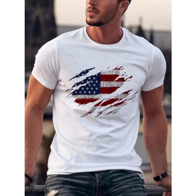 Mens American Flag Printed Casual Crew Neck T-Shirt - Soft Slight Stretch Polyester Fabric, Relaxed Fit, Summer and Autumn Essential - Easy Wear for Adults Made In USA