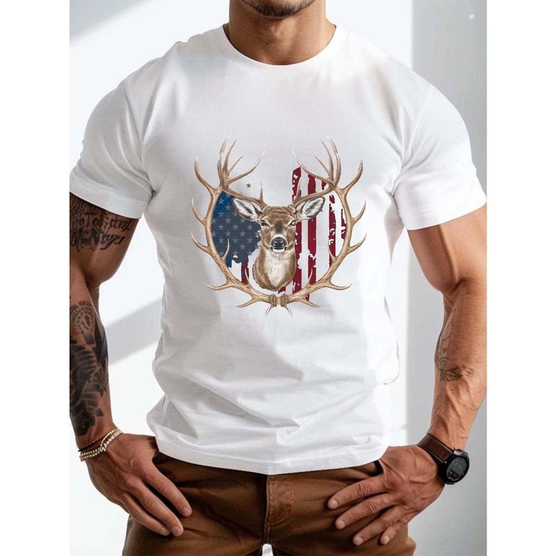 Mens Deer Flag Graphic Print Short Sleeve T-Shirts - Breathable, Soft, Trendy, Casual Summer Tees for Daily Life - Stylish, Comfortable, Relaxed Fit Tops for Outdoor Activities Made in USA