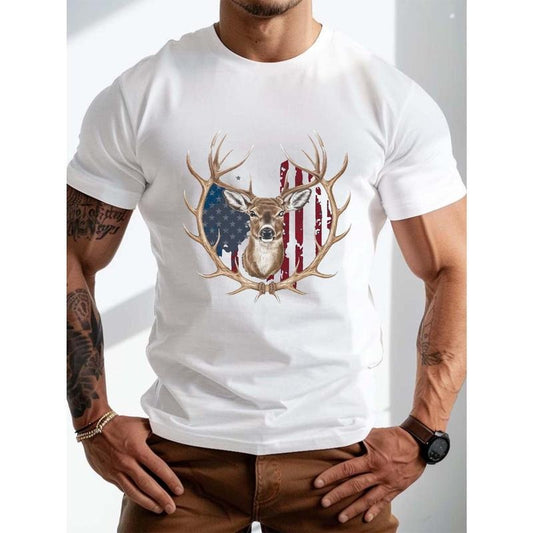 Mens Deer Flag Graphic Print Short Sleeve T-Shirts - Breathable, Soft, Trendy, Casual Summer Tees for Daily Life - Stylish, Comfortable, Relaxed Fit Tops for Outdoor Activities Made in USA