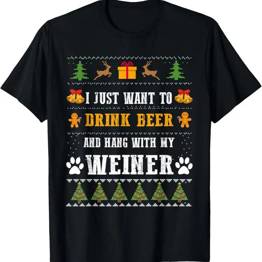 Mens Drink Beer Funny Weiner Dachshund Dog Ugly Christmas Sweater T-Shirt