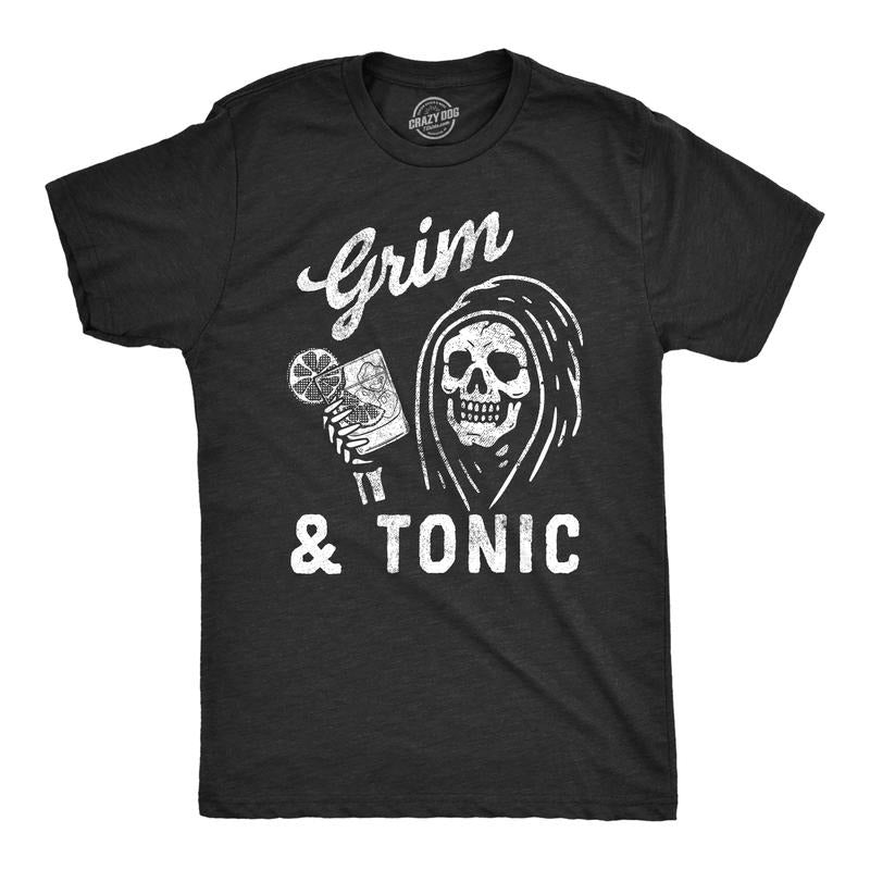 Mens Grim and Tonic T Shirt Funny Spooky Halloween Reaper Mixed Drink Joke Tee for Guys Mens Funny T Shirts Cool Vintage Fashion Black -