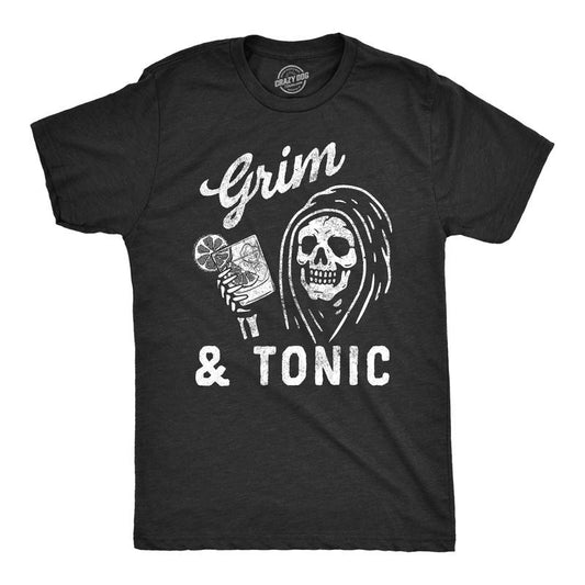 Mens Grim and Tonic T Shirt Funny Spooky Halloween Reaper Mixed Drink Joke Tee for Guys Mens Funny T Shirts Cool Vintage Fashion Black -