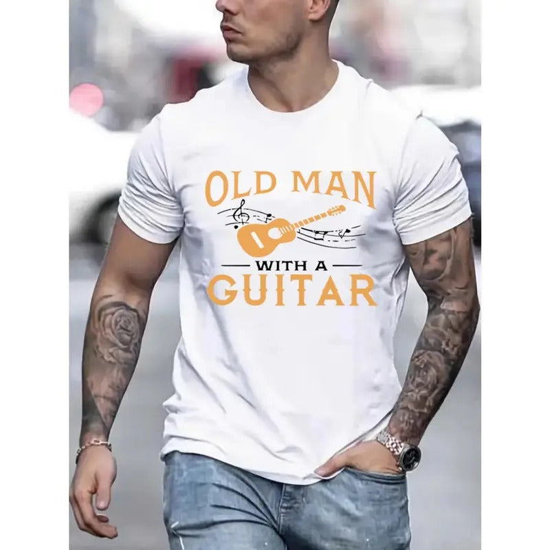 Mens Short Sleeve Old Man Guitar Graphic T-shirt - Ultra-Comfy Stretchy Trendy Tees for Perfect Summer Outings, Casual Daily Fashion Clothing with a Sense of Style Made in USA