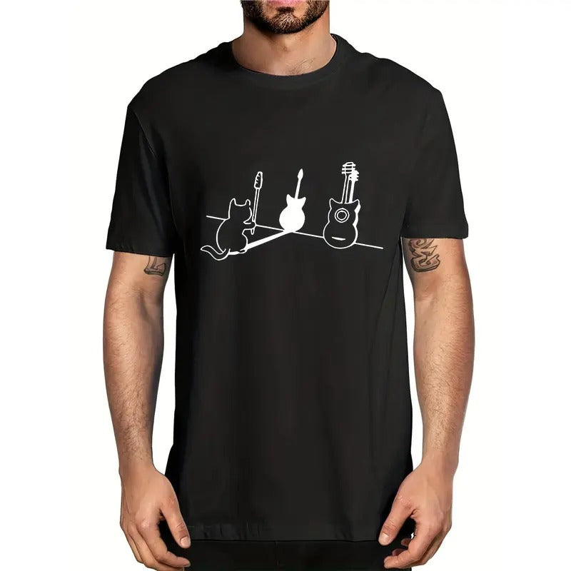 Mens Unique Cat & Guitar Graphic Tee - Breathable, Slightly Stretchy, Casual Summer Outdoor Wear - Perfect for Music Lovers and Feline Fans Made in USA