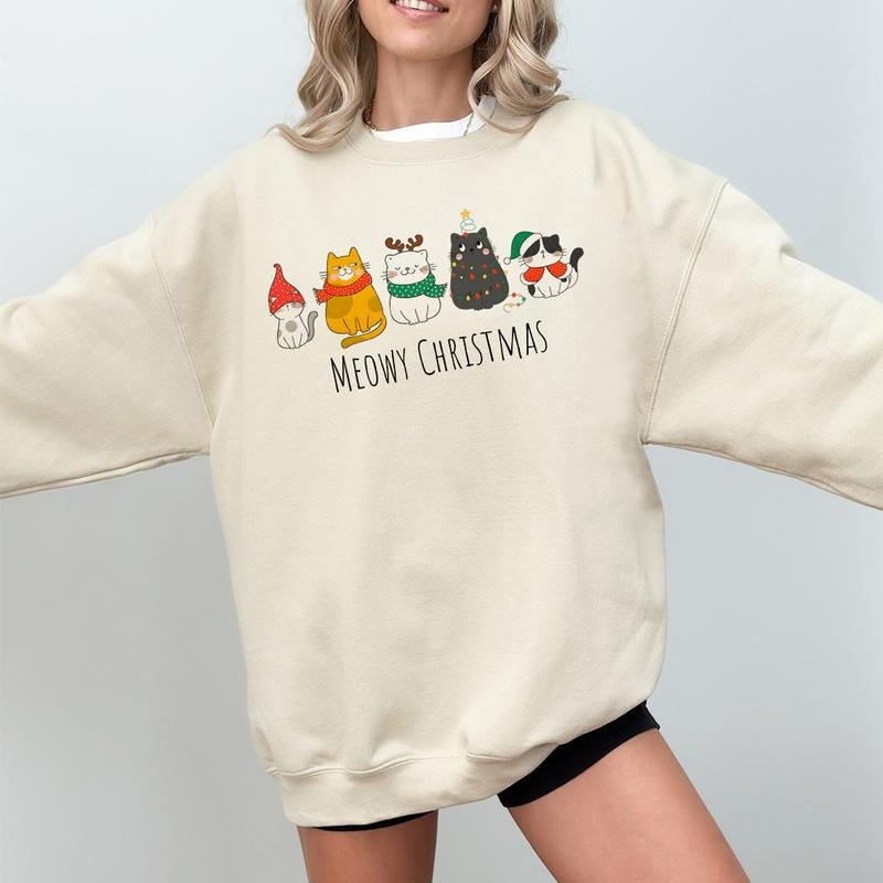 Meowy Christmas Sweatshirt, Cute Cat Christmas Sweatshirt, Cat Lover Gift, Holiday Sweatshirt, Cat Mom Shirt, Winter...