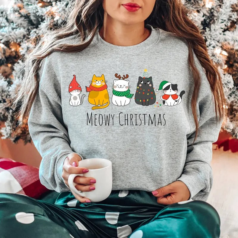 Meowy Christmas Sweatshirt,Happy Cat Year Shirt,Funny Christmas Cat Shirt,Cat Christmas Sweatshirt,Cats Sweatshirt,Cat...