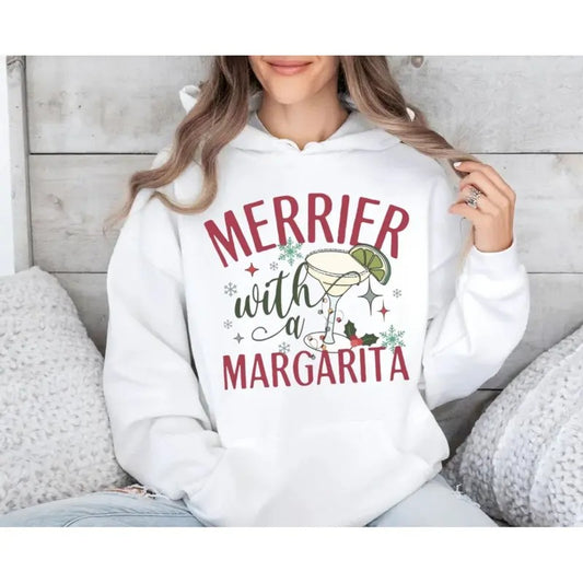Merrier With A Margarita Christmas Sweatshirt, Funny Holiday Cocktail Sweater, Festive Xmas Party Hoodie, Holiday Shirt...