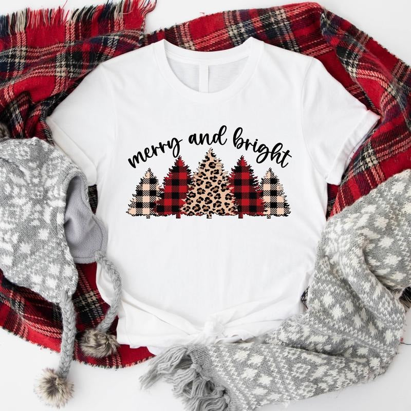Merry And Bright Shirt, Leopard Christmas Tree T-Shirt, Cute Christmas Gift Tee, Holiday Shirt, Leopard Lover Xmas Gift...