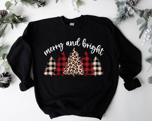 Merry And Bright Sweatshirt, Leopard Christmas Tree Hoodie, Cute Christmas Gift Sweater, Holiday Sweatshirt, Leopard...