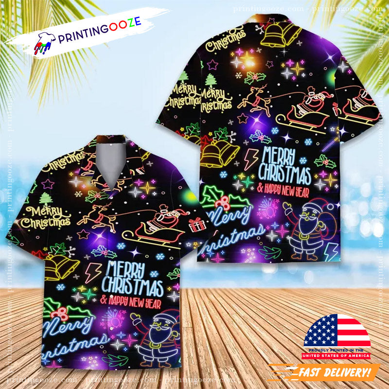 Merry Christmas And Happy New Year Neon Light Hawaiian Shirt