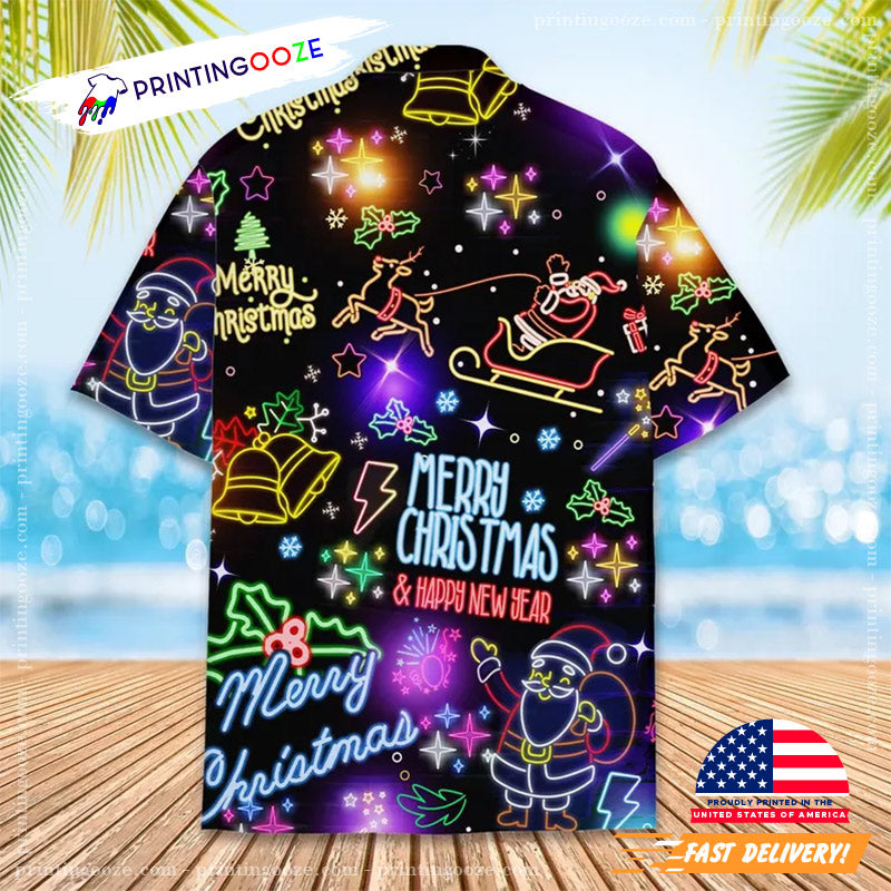 Merry Christmas And Happy New Year Neon Light Hawaiian Shirt