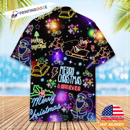 Merry Christmas And Happy New Year Neon Light Hawaiian Shirt