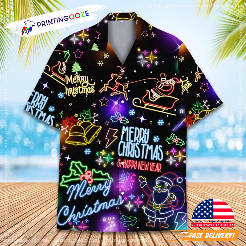 Merry Christmas And Happy New Year Neon Light Hawaiian Shirt