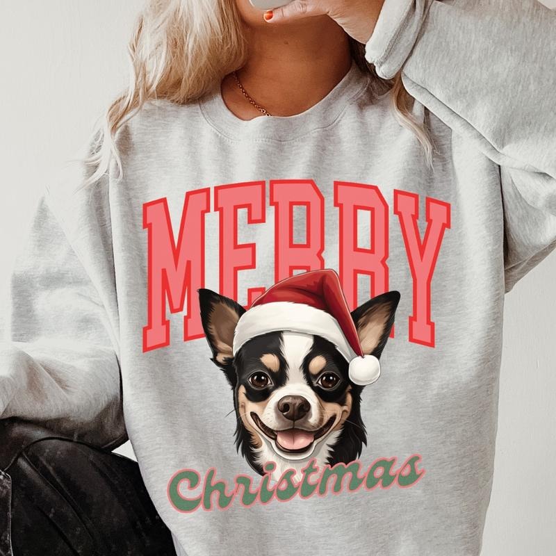 Merry Christmas Chihuahua Sweatshirt, Christmas Dog, Festive Holiday Crewneck, Custom Sweatshirt T-Shirts, Hoodie